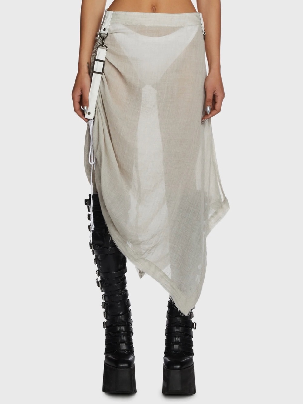 Semi-Sheer Asymmetric Wrap Skirt in Light Beige